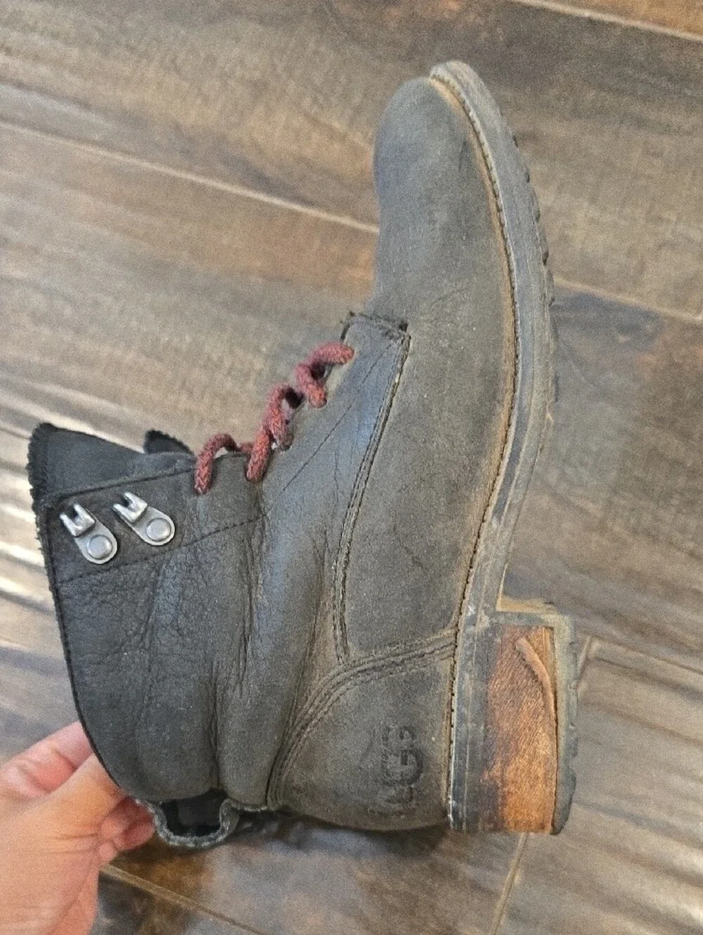 Ugg Black Suede Winter Ankle Boots with Burgundy Laces